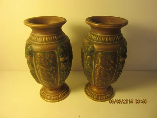 A Pair of Roseville 6" vases with brown Pattern