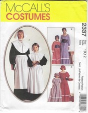 McCall's 2337 Costume Pattern Girl's 10-12 Pilgrim, Pioneer, Colonial UNCUT