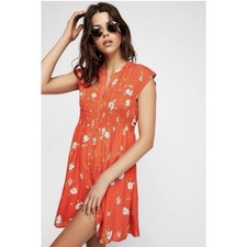 Free People Greatest Day Red Orange Floral Smocked Mini Dress  Size Small