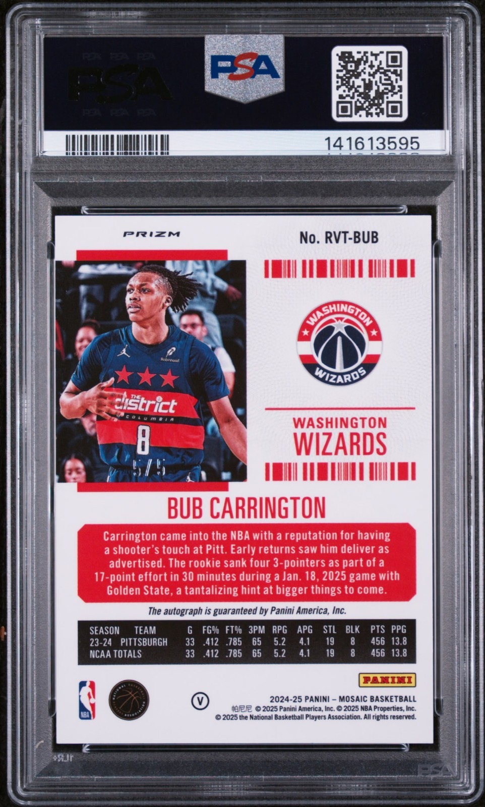2024 Panini Mosaic Rookie Variation Bub Carrington INT Green SSP Auto 5/5 PSA 9! view 3