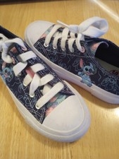 Disney Stitch Shoes Youth Size 2 Platform Low Top Sneakers Blue Canvas Lace Up