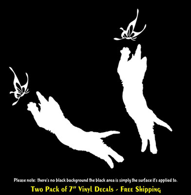 Kitty Cat Chasing a Butterfly Two Pack 7'' White Vinyl Decals Car Truck Window