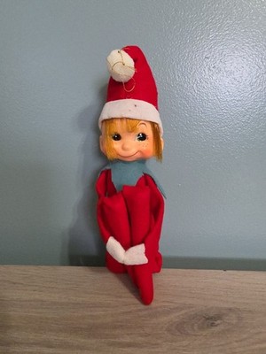 Vintage Japan Knee Hugger Elf Pixie Blonde Hair Red Felt Christmas Ornament MCM