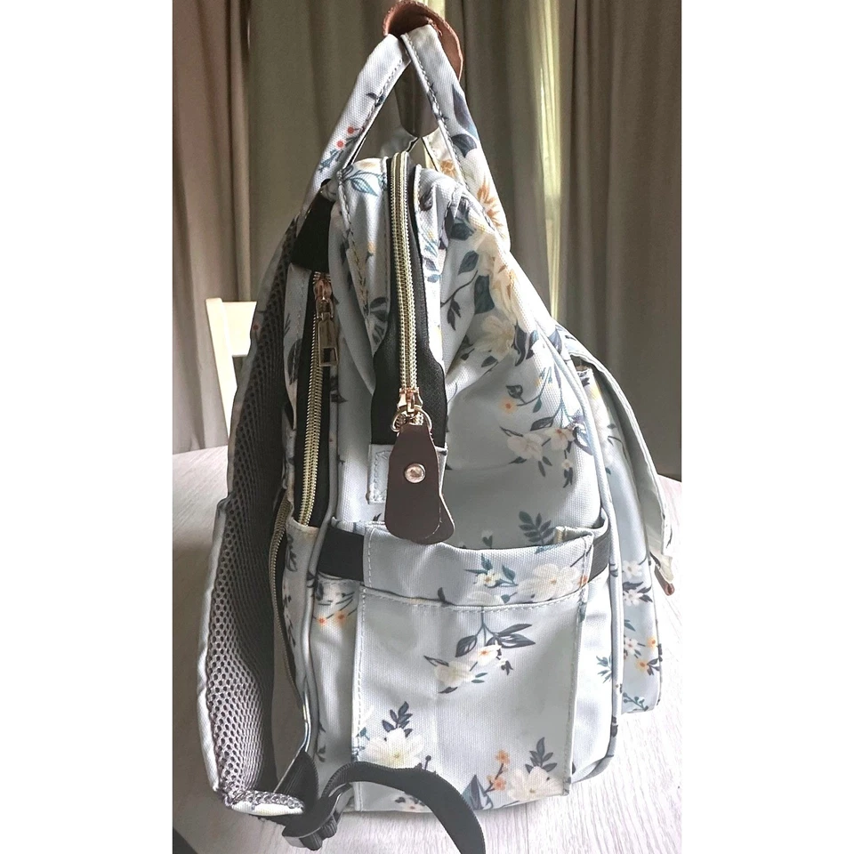 LitBear Light Blue Floral Diaper Bag Multiple Compartments Full Zip Backpack NEW - Image 3 of 4
