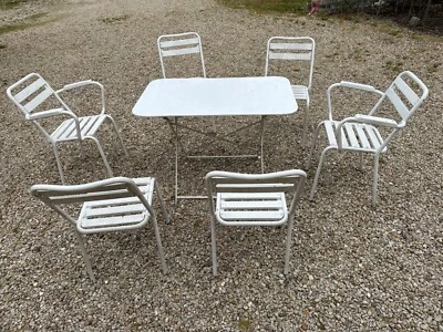 Salon de jardin en fer et lattes bois années 1950 - Photo 1/4