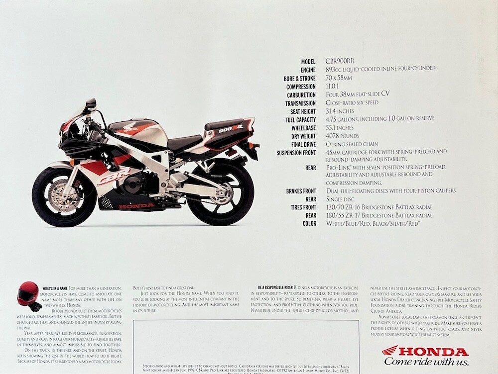 1993 Honda CBR900RR 4-page literature brochure Original | eBay