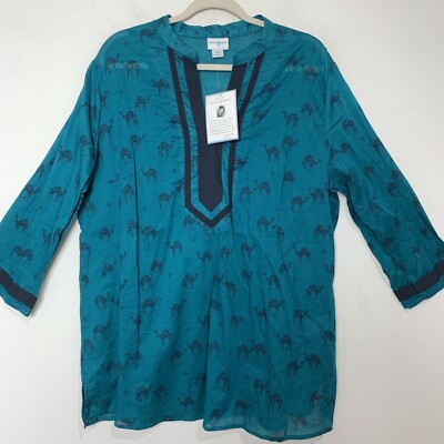 JACLYN SMITH NEW BLOUSE Giraffe Print 3/4 Sleeve Tunic Top XXL Teal V-neck 2XL