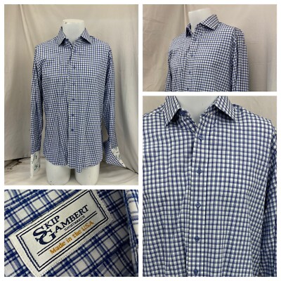 Skip Gambert Shirt 16 34 Blue Plaid Cotton Linen Flip Floral Cuff YGI P1-205