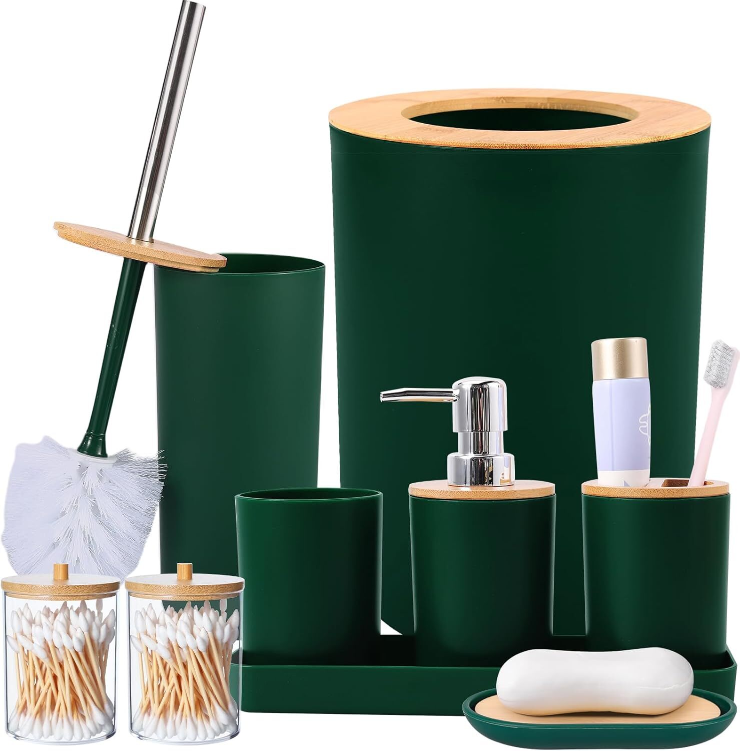 9-Piece Dark Green Bathroom Accessories Set with Trash Can, Tray, Soap Dispenser