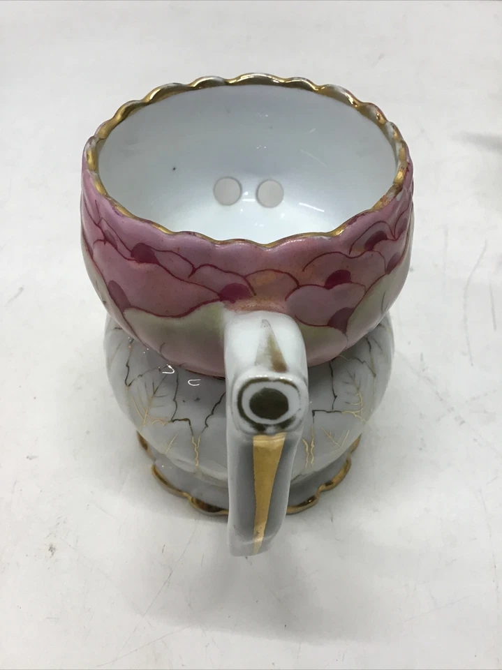 Antique Shaving Scuttle Pastel Pink Color Gold Leaf Decorations Gold Highlights - Image 4 of 4