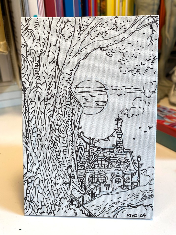  Treehaus  — a 4 x 6  canvas card ORIGINAL line ink drawing by Paul Rivoche! Comic Art
