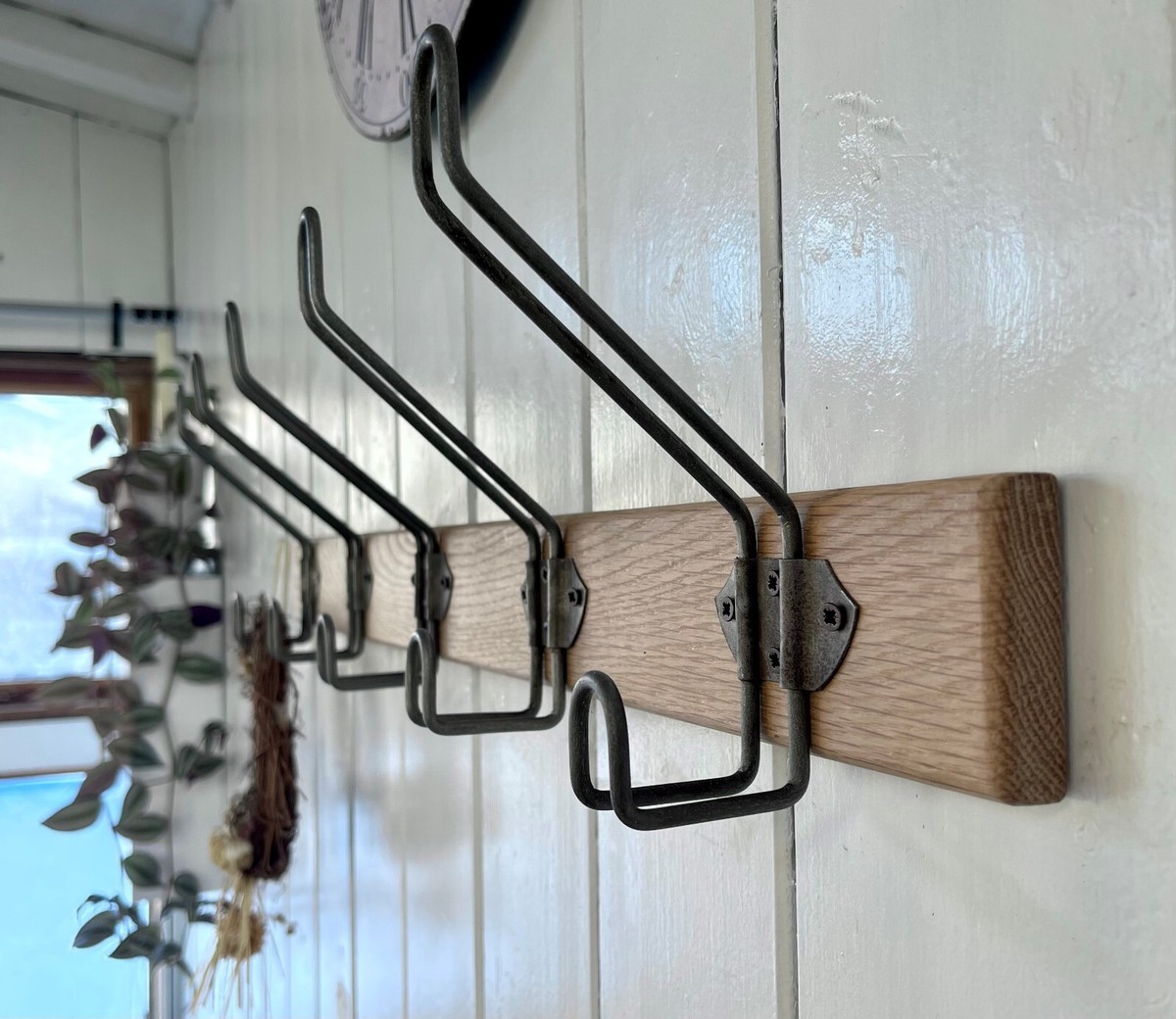 Solid Oak Wooden Coat Rack, Wire School Hook Retro Style Handmade