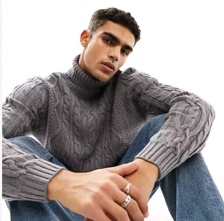 ASOS DESIGN Men's cable knit roll neck sweater in charcoal NEW