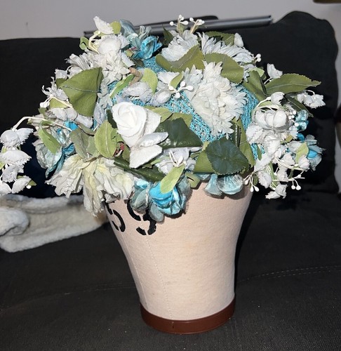 Vtg Women’s Christian Dior Chapeaux Paris New York Blue Floral Hat White Flowers - Picture 3 of 10