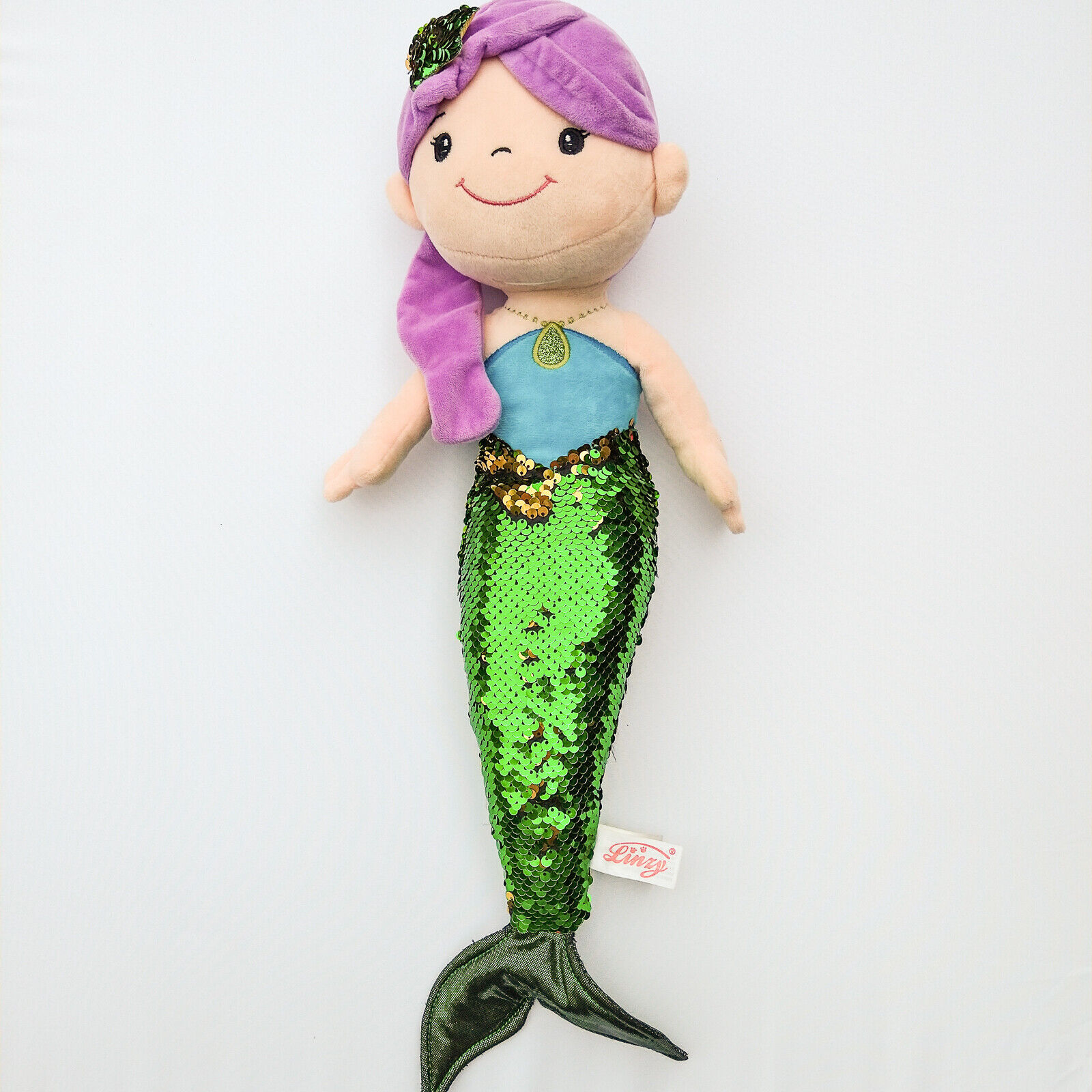 LINZY Mermaid Plush She has purple hair, a blue top and green colored  sequin | eBay