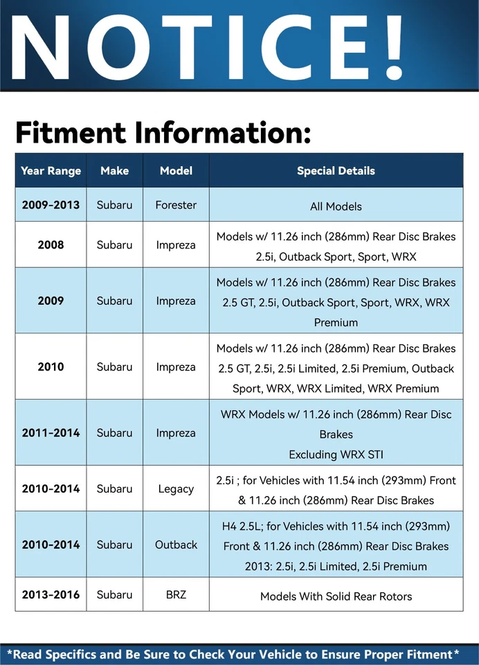 11.26'' Rear Brake Rotors Brake Pad Set for 2010 - 2013 Subaru Forester Impreza - Image 2 of 4