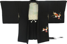 Japanese Vintage Kimono Haori Jacket Silk black family crest Height 31.49in