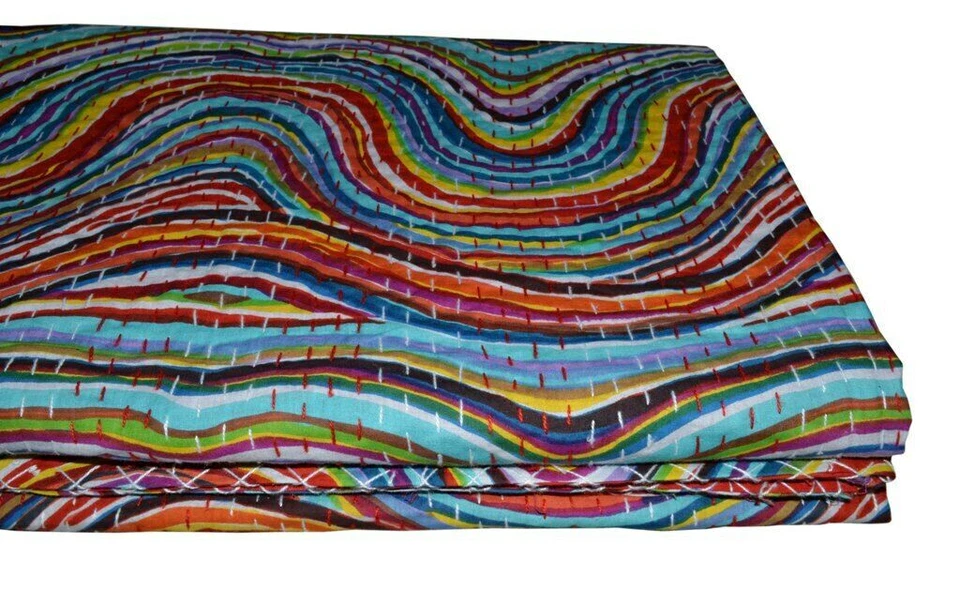 Indian Handmade Quilt Vintage Kantha Bedspread Throw Cotton Blanket Queen Gudri - Image 4 of 4