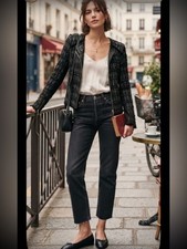 IRO Uma Black Silver Diamond Tweed Leather Trim Jacket Size 1 US S