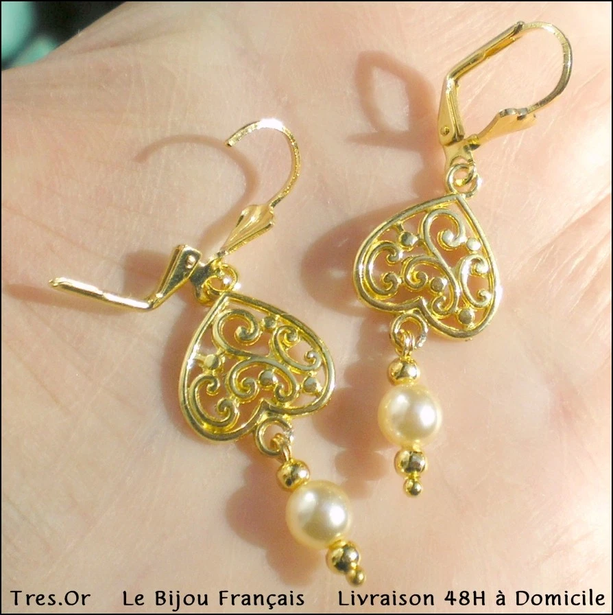 PERLE NACRÉE DENTELLE OR Boucles d'Oreille Bijou Français Neuf Livré 48H DOMiCiL - Photo 4/4