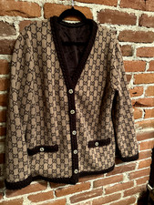 Authentic Gucci Brown Wool GG jacquard Women Cardigan size M Used Good Condition