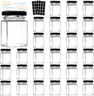 3 OZ Mini Hexagon Glass Jars, 30 Pack Empty Honey Jars Small Spice Black 
