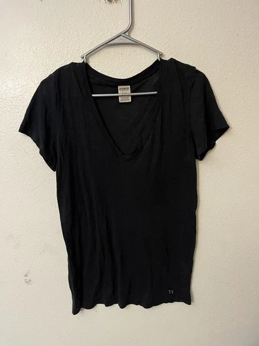 Victoria Secret PINK  T-Shirt V-Neck Black Color Short Sleeve Sz Large