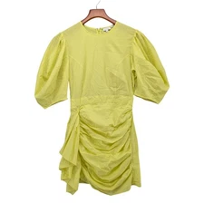 Rhode Pia Mini Sheath Dress Neon Yellow 1/2 Sleeve Ruched Asymmetric Skirt Sz XS