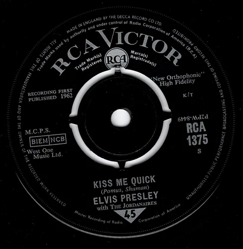 ELVIS PRESLEY - 'Kiss Me Quick' 7" 45rpm RCA VICTOR Records VG/M 1962 (RCA 1375)