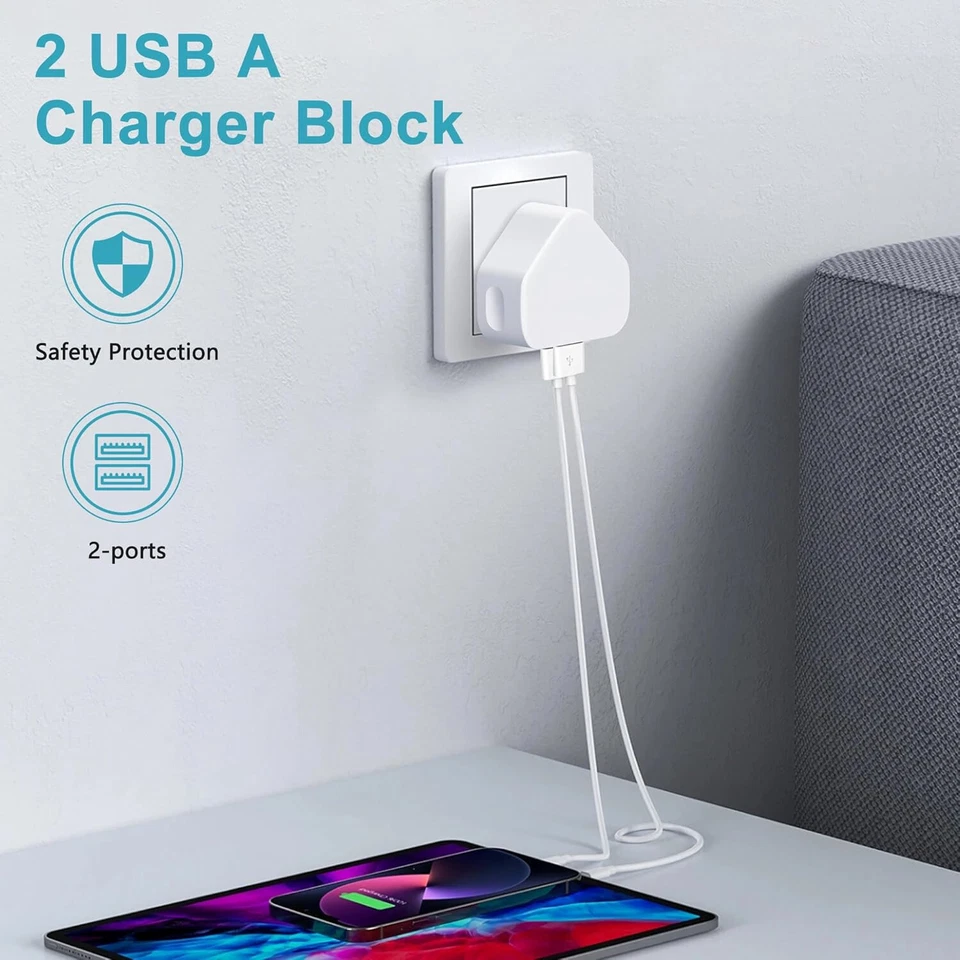 Dual USB Plug UK 3 Pin Adapter Mains Wall Charger 2-Port For Phone Tablet iPhone - Image 3 of 4