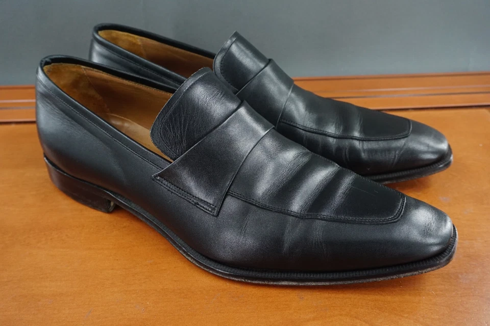Barneys New York Mens Sz 12 Dress Shoes Black Leather Slip On Apron Toe Loafers - Image 3 of 4