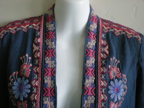 Johnny Was XS Frederique Draped Blue Linen Embroidered Open Jacket 3/4 Sleeves - Picture 5 of 10