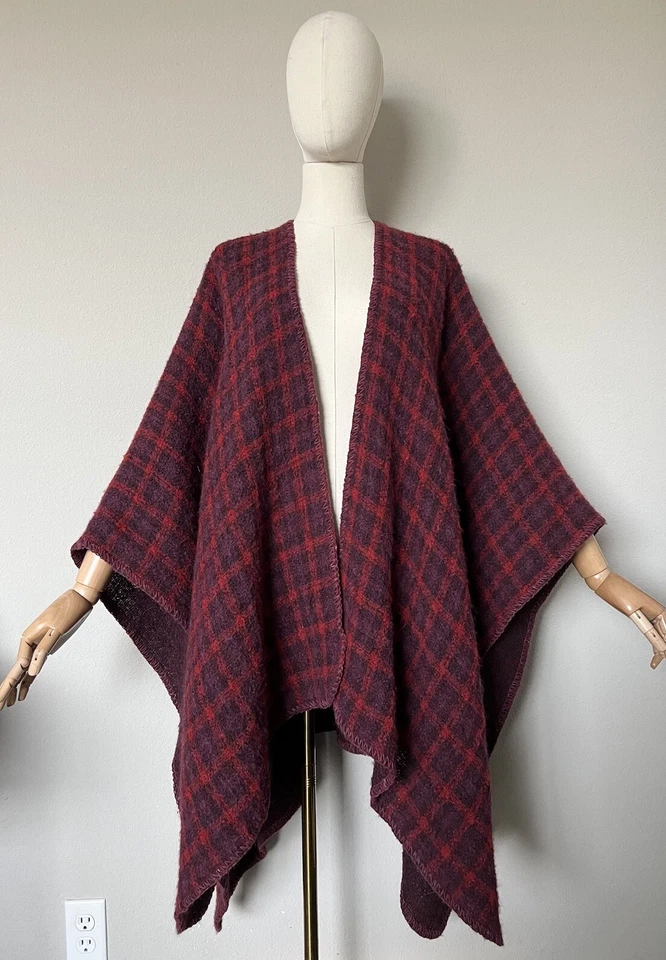 Boyne Valley Weavers Boiled Wool Blend Check Handcrafted in Ireland Poncho Red - Image 3 of 4