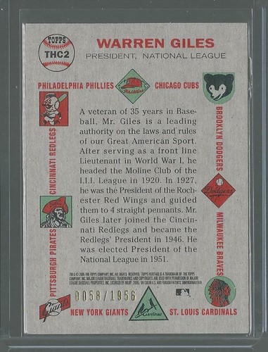 2005 TOPPS HERITAGE CHROME WARREN GILES NATIONAL LEAG SHORT PRINT RARE 0058/1956 - Picture 2 of 2