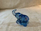 Fenton Glass Elephant Figurine Foot Up - Bellflowers On Ice Blue - Hand Painted