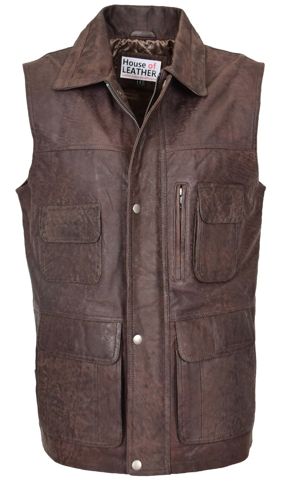 Mens Leather Waistcoat Gilet Multi Pocket Hunter Vest Fishing Hiking Brown BNWT
