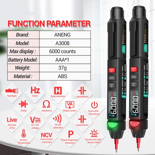 ANENG A3008 6000 Counts Digital Multimeter Meter NCV Tester with Backlight K6P1 - Picture 12 of 12
