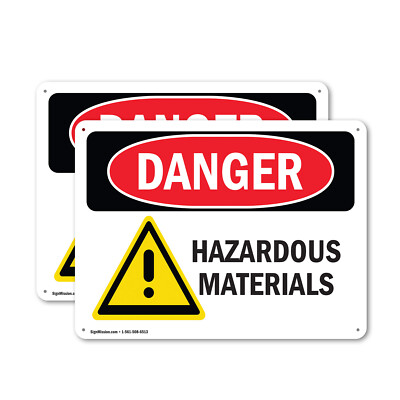 (2 Pack) Hazardous Materials OSHA Danger Sign Decal Metal Plastic