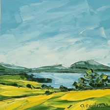 Small impasto Oil Painting Original Landscape Mountain Lake Blue Sky Yellow 6x6