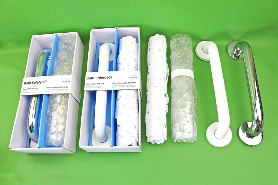 Croydex Chrome or White Bathroom Shower Safety Kit or Mat or Grab Bar Rail Kit