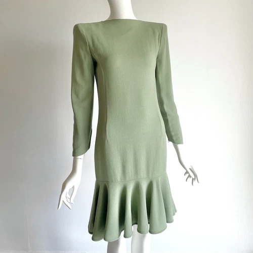 Abito vintage anni 80 90 Valentino verde salvia lana vita bassa spalle quadrate