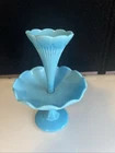 Vintage Portieux Vallerysthal Blue Milk Glass Single Horn Epergne ca 1930s