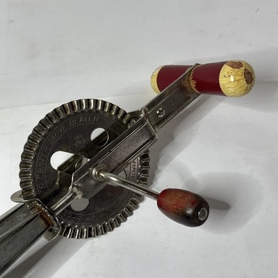 Vintage Red Wooden Handle EKCO A&J Beater Hand Held Egg Mixer ''High Speed'' Works