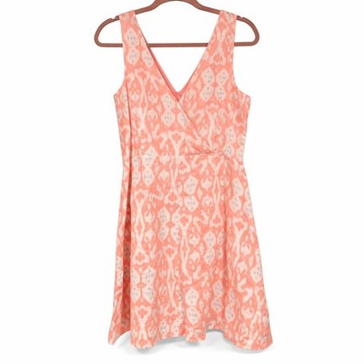 GAP Pink White Ikat 100% Linen Fit and Flare V-Neck Dress NWT Size 8 Chic Boho