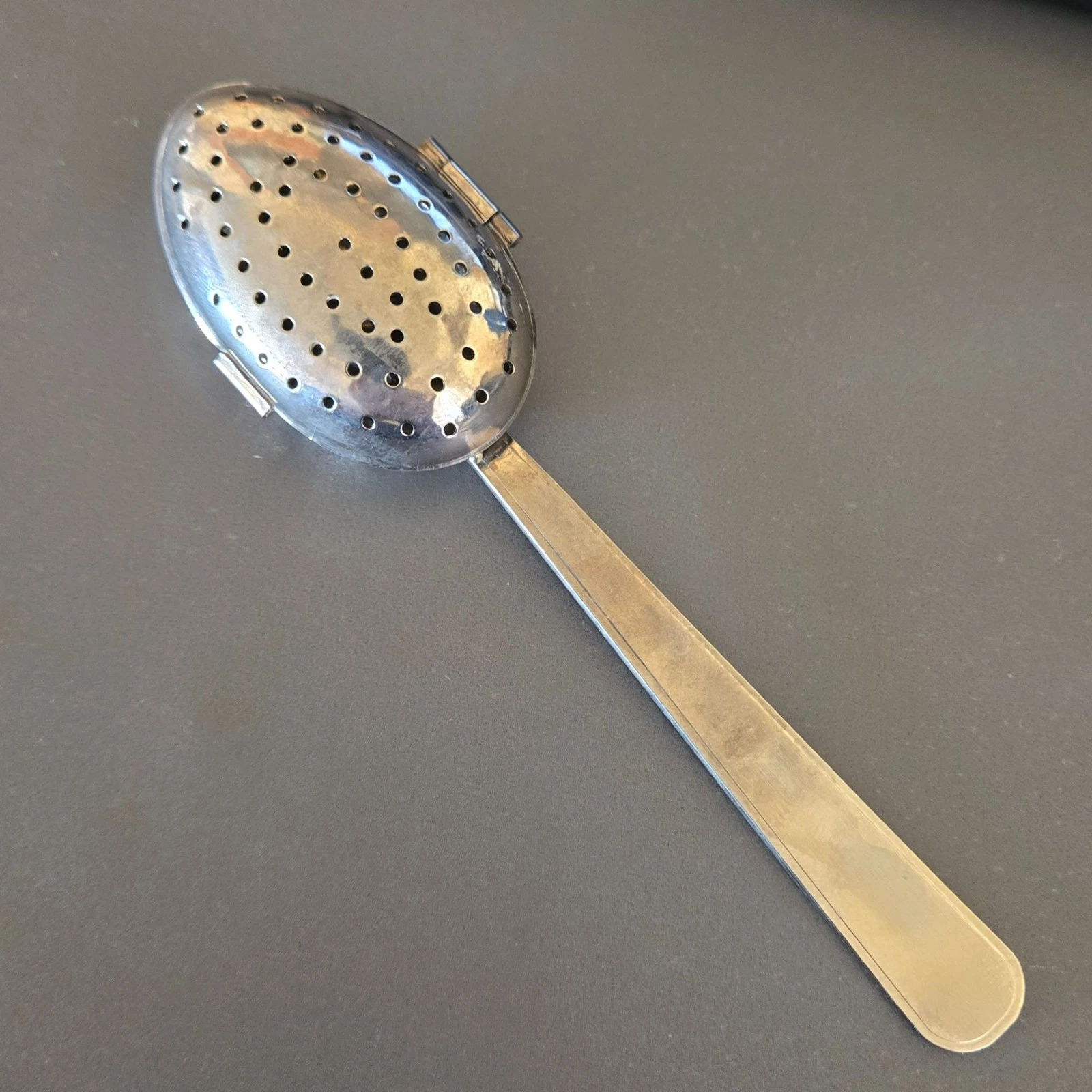 Vintage West Germany Hinged Tea Infuser Spoon Silver Tone Metal 5" Patina