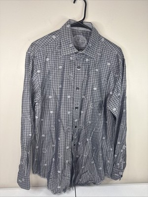 Bugatchi Button Up Shirt Large Shaped Fit Gray Circle/Digi Design Flip Cuff
