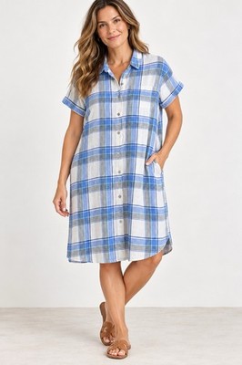 J.Jill Love Linen Dress XL Blue White Plaid 100% Linen Resort Button Shirt Dress