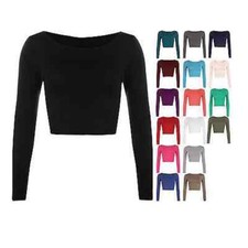 New Womens Crop Basic Long Sleeve T Shirt Ladies Short Plain Round Neck Top 8-14