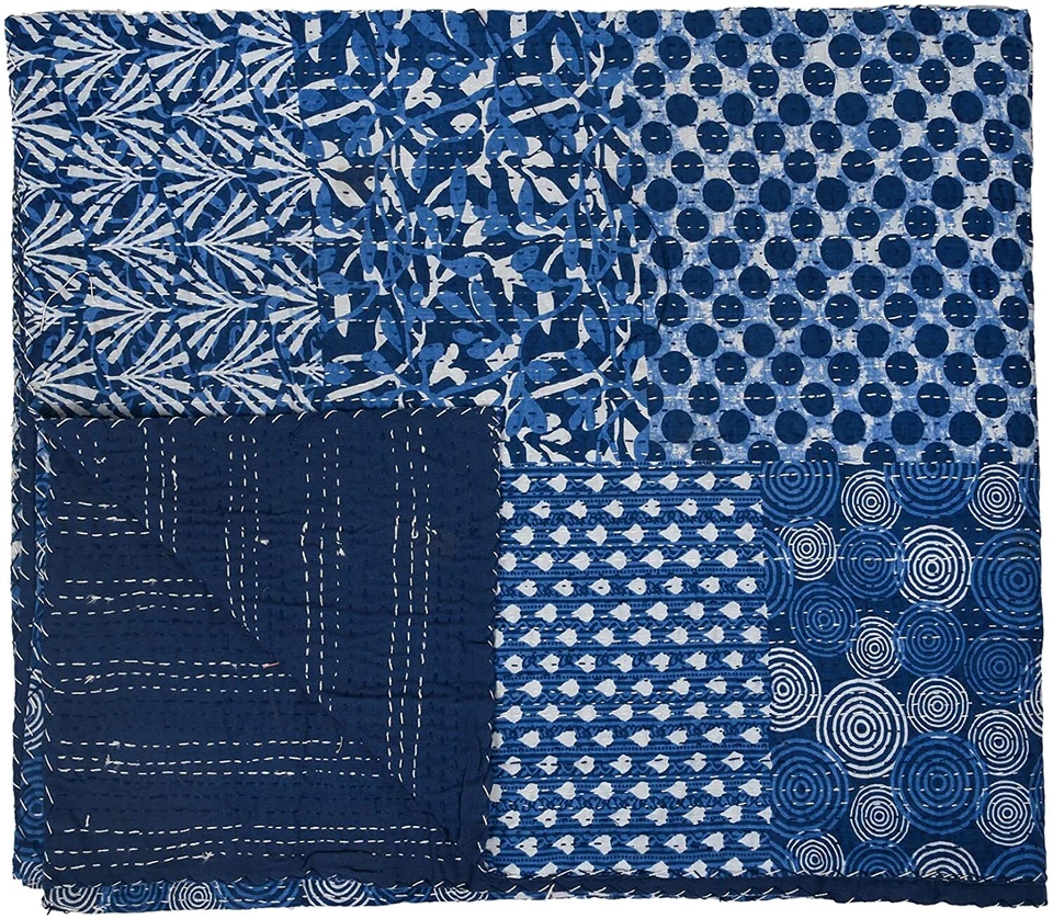 Colcha de algodón color azul Kantha tamaño queen colcha Han cosida tiro  Foto 4 de 4