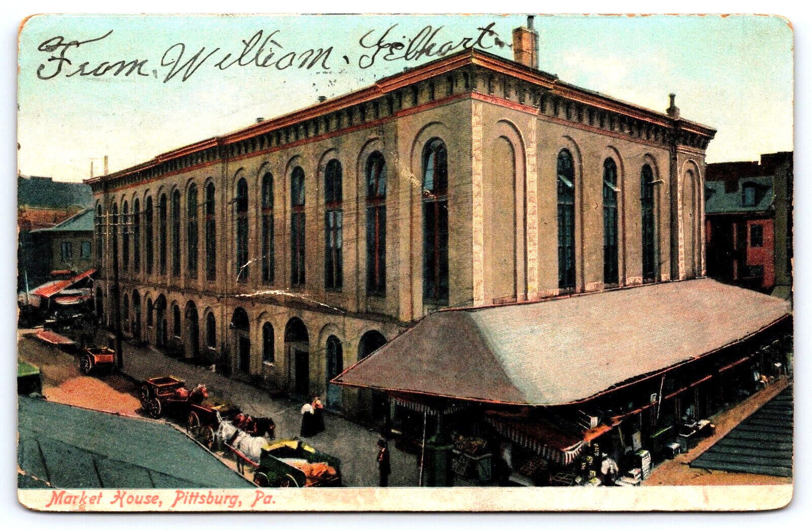 VINTAGE OLD ANTIQUE POSTCARD MARKET HOUSE BUILDING HORSE CARTS PITTSBURG 1907